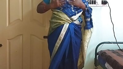 des indian horny cheating tamil telugu kannada malayalam hindi wife vanitha wearing blue colour saree  showing big boobs and shaved pussy press hard boobs press nip rubbing pussy masturbation