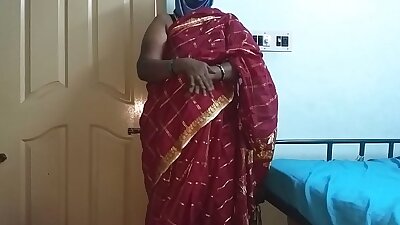 desi  indian tamil telugu kannada malayalam hindi horny cheating wife vanitha wearing cherry red colour saree showing big boobs and shaved pussy press hard boobs press nip rubbing pussy masturbation